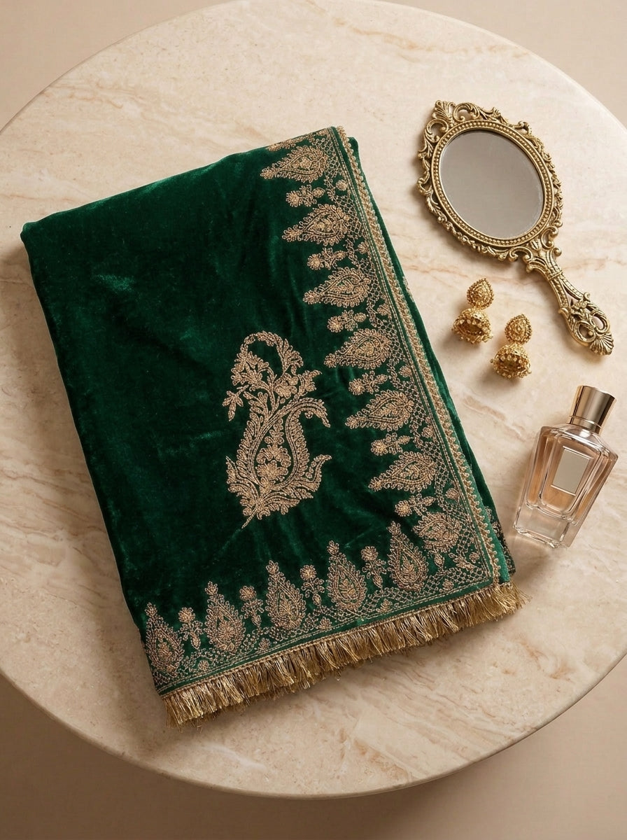 Emerald Green Embroidered Velvet Shawl with Antique Gold Tilla Work | Rawayat London