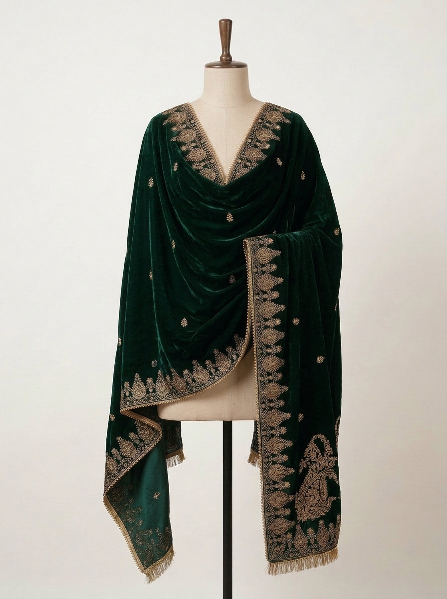 Emerald Green Embroidered Velvet Shawl with Antique Gold Tilla Work | Rawayat London