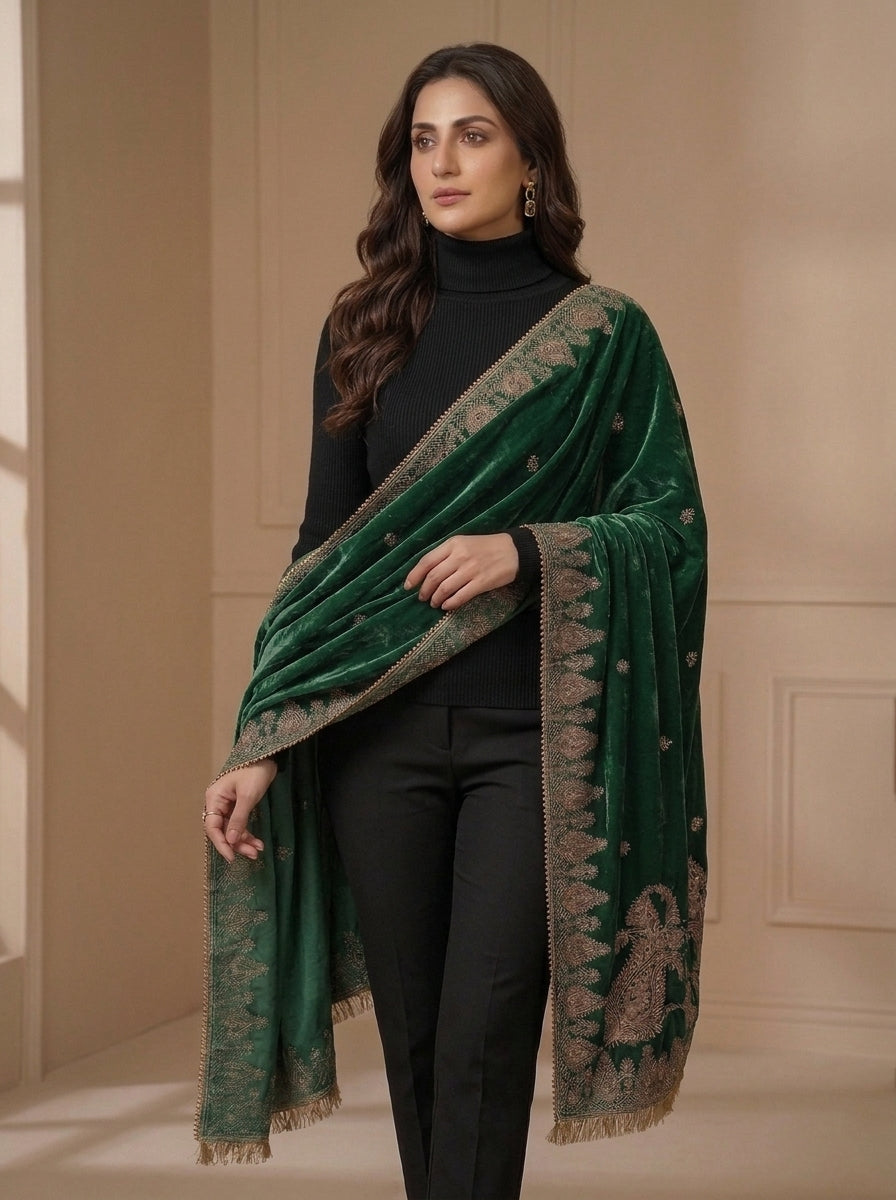 Emerald Green Embroidered Velvet Shawl with Antique Gold Tilla Work | Rawayat London