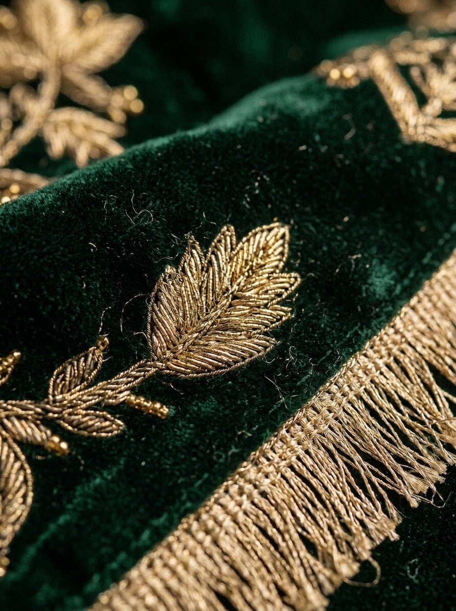 Emerald Green Embroidered Velvet Shawl with Antique Gold Tilla Work | Rawayat London