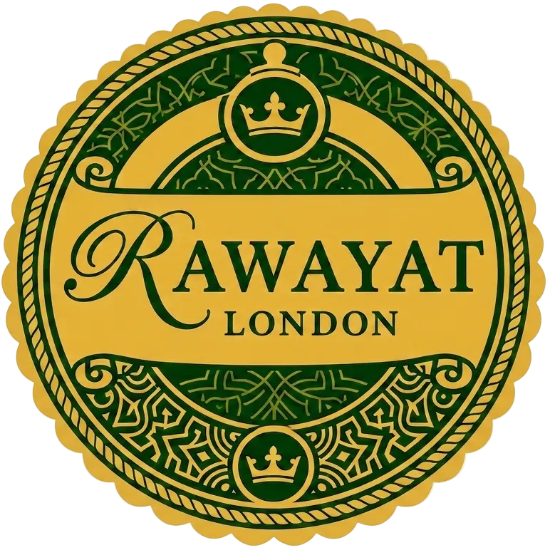 A circular gold and dark green decorative logo or label reading 'RAWAYAT LONDON' with ornate scrollwork and crown motifs, centered on a plain white background.
