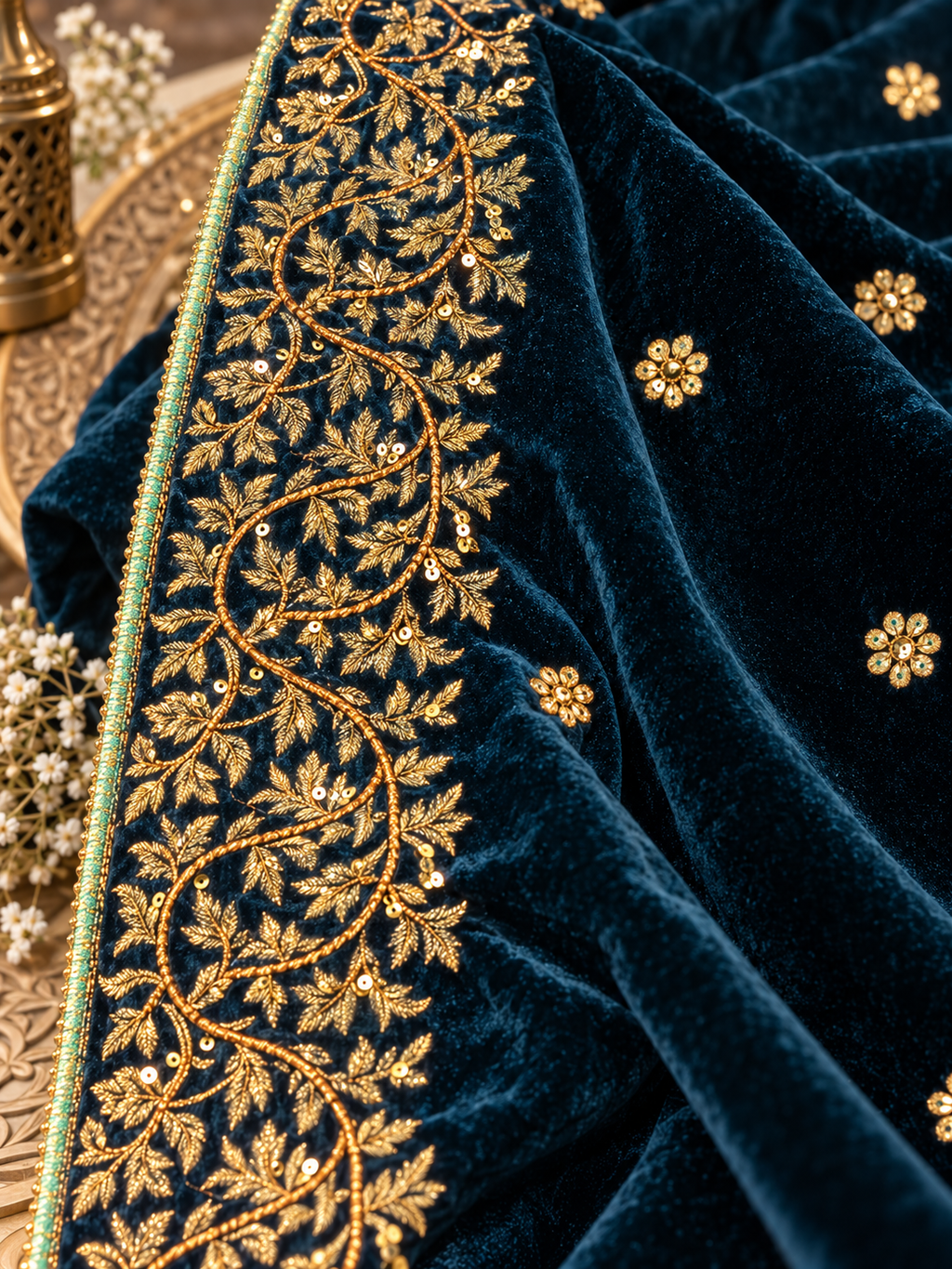 Royal Meher Royal Blue Velvet Shawl with Gold Embellished Border | Rawayat London