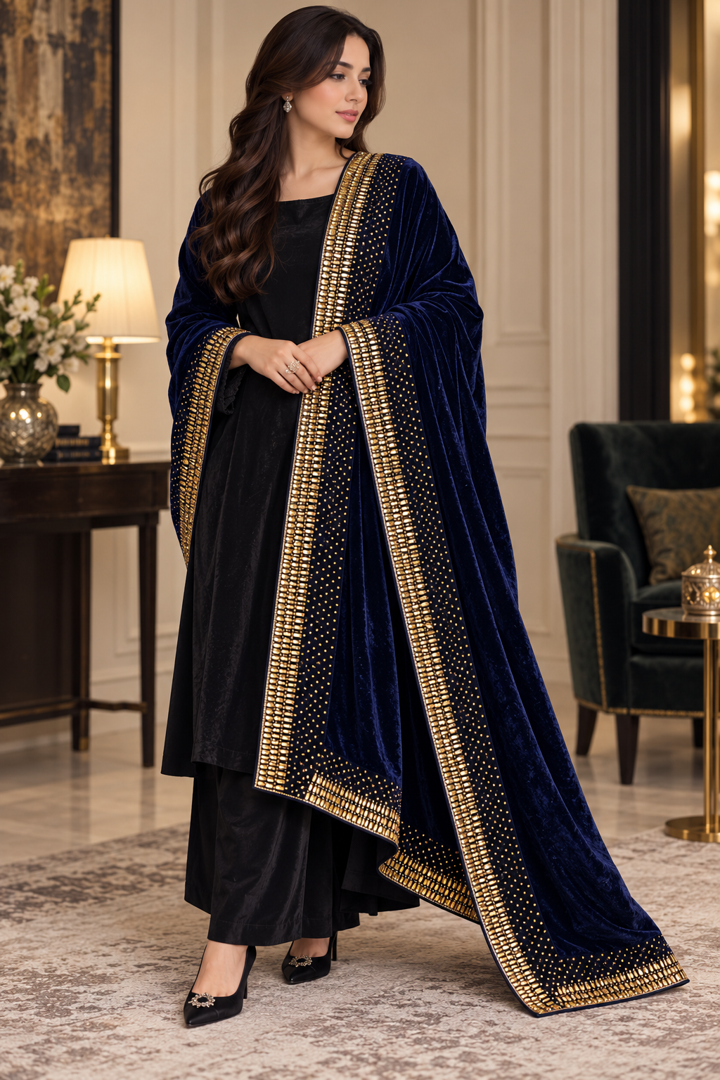 Midnight Noor Navy Blue Velvet Shawl with Gold Border | Rawayat London