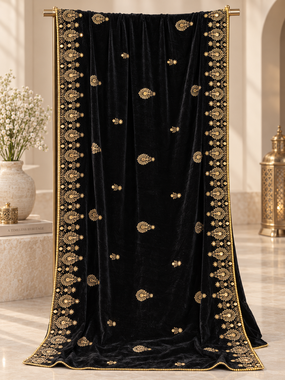 Noir Zareen Black Velvet Shawl with Gold Embroidery | Rawayat London