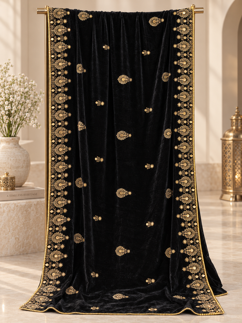 Noir Zareen Black Velvet Shawl with Gold Embroidery | Rawayat London