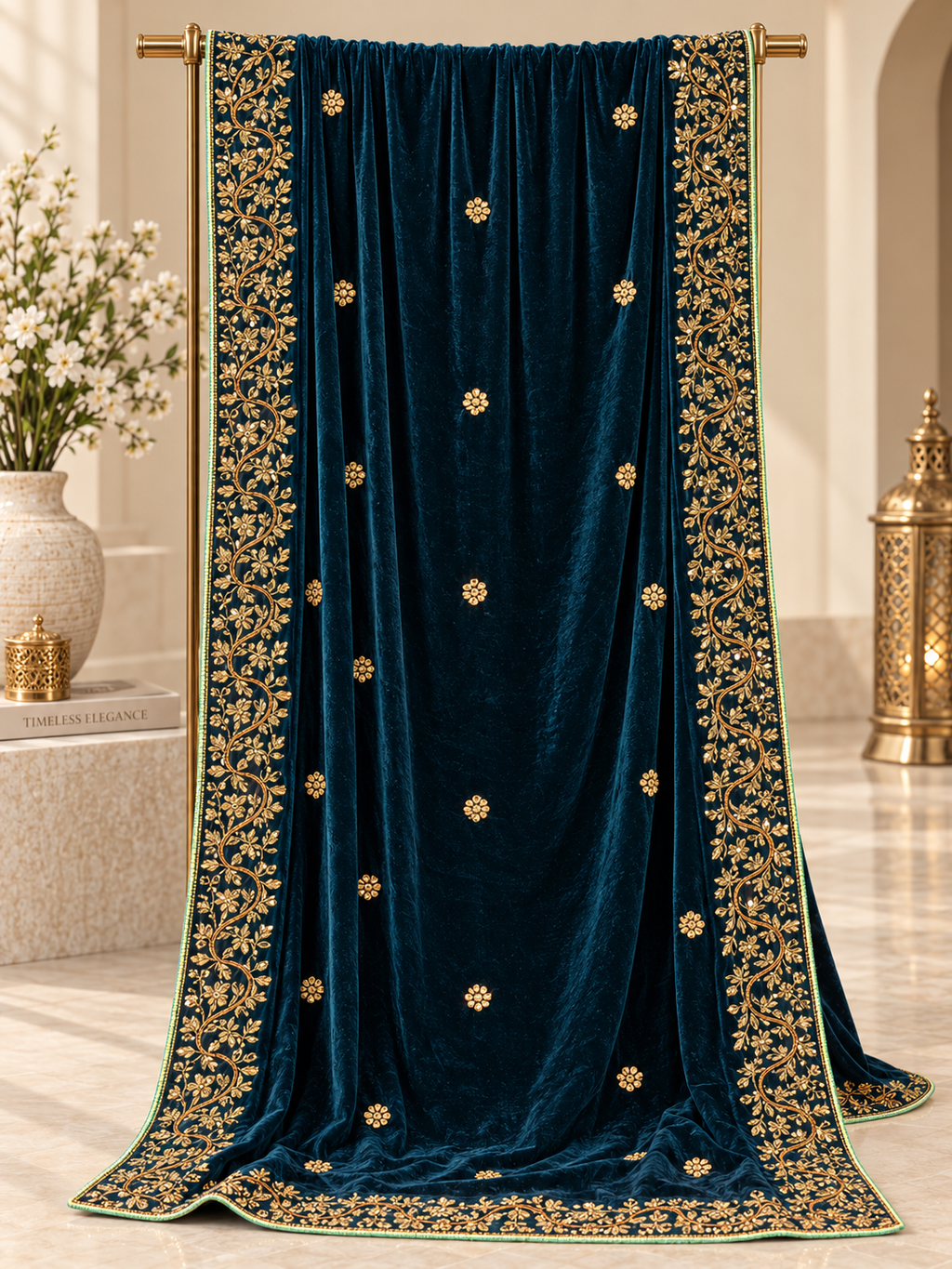 Royal Meher Royal Blue Velvet Shawl with Gold Embellished Border | Rawayat London