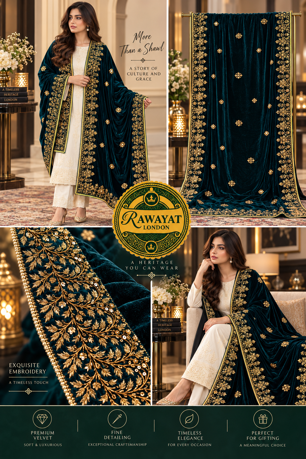 Royal Meher Royal Blue Velvet Shawl with Gold Embellished Border | Rawayat London