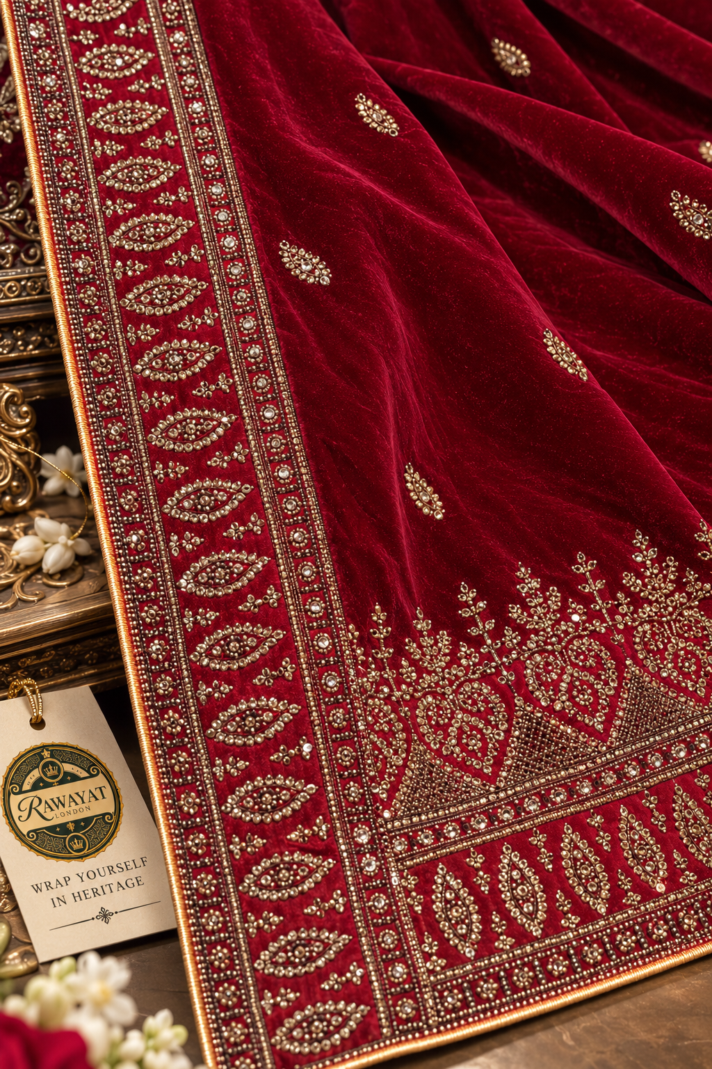 Crimson Riwaaz Red Velvet Shawl with Gold Embroidery | Rawayat London