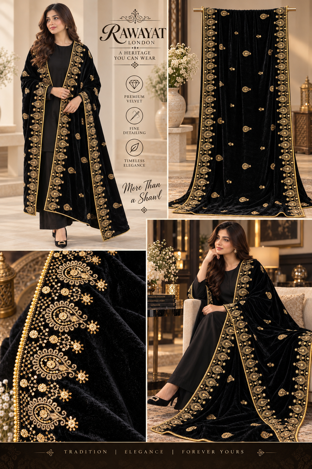 Noir Zareen Black Velvet Shawl with Gold Embroidery | Rawayat London