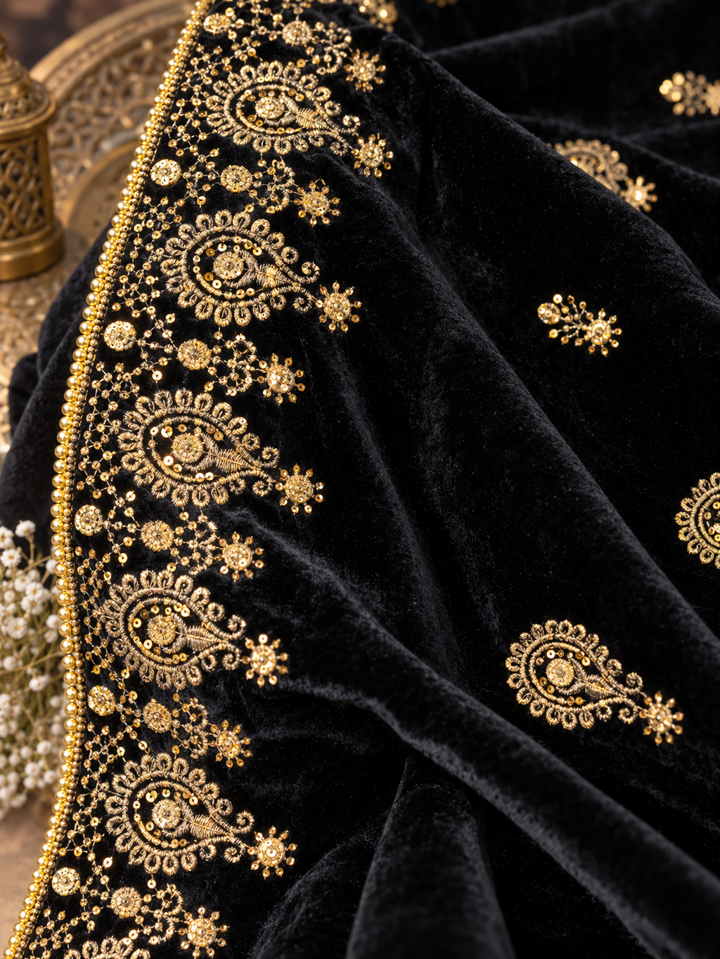 Noir Zareen Black Velvet Shawl with Gold Embroidery | Rawayat London