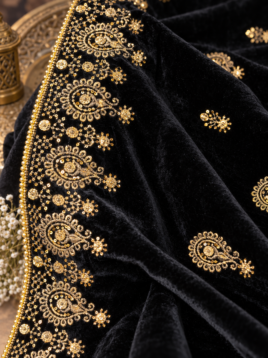 Noir Zareen Black Velvet Shawl with Gold Embroidery | Rawayat London