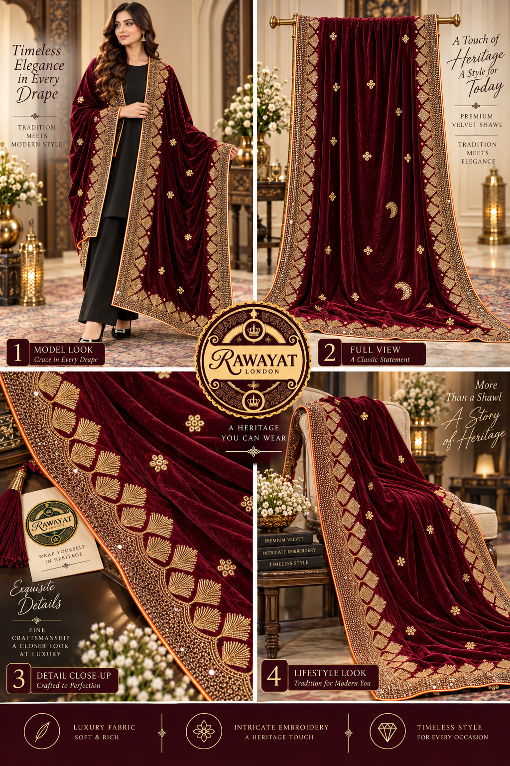 Mehrun Royale Dark Maroon Velvet Shawl with Gold Embroidery | Rawayat London
