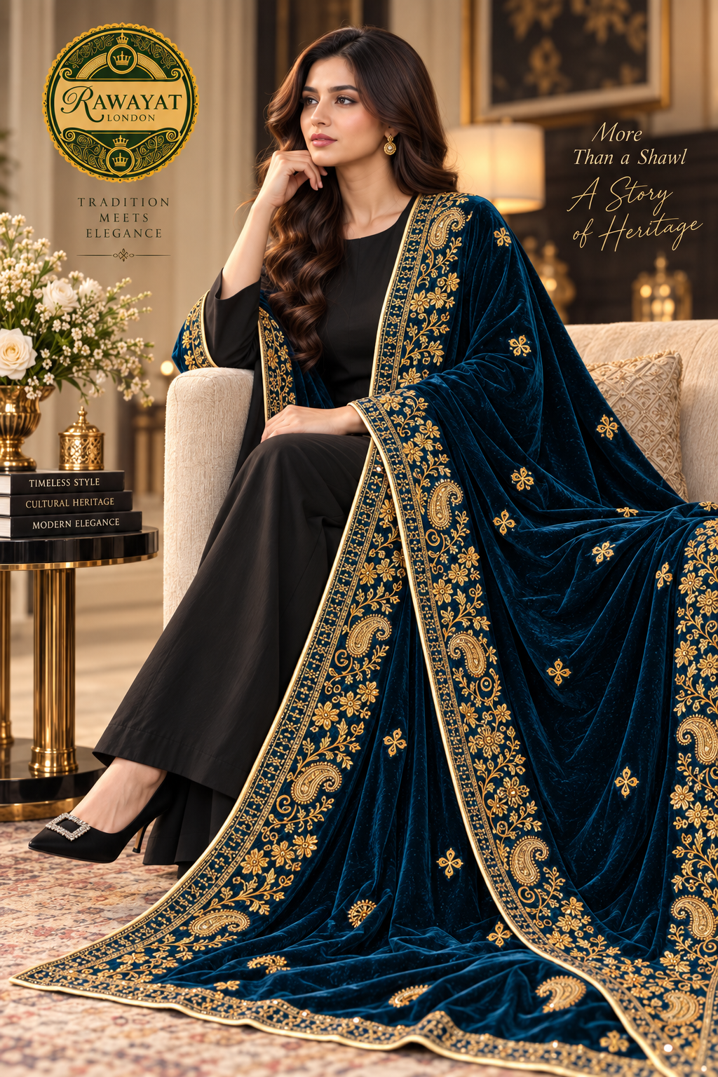 Sapphire Noor Royal Blue Velvet Shawl with Gold Embroidery | Rawayat London