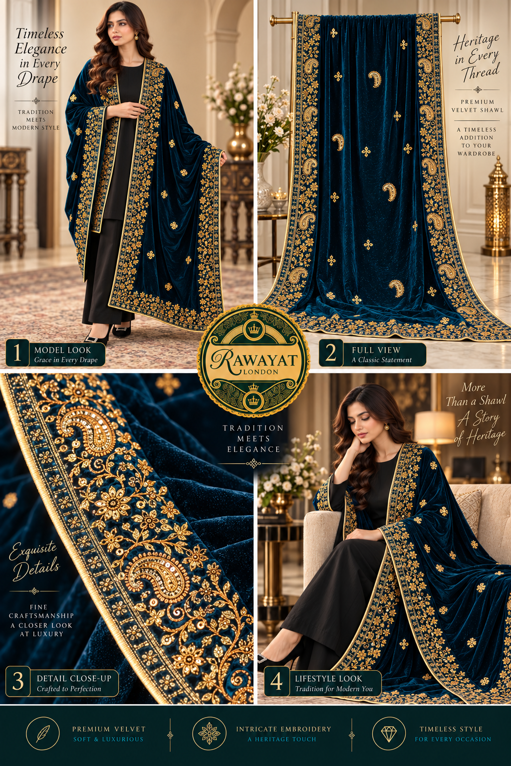Sapphire Noor Royal Blue Velvet Shawl with Gold Embroidery | Rawayat London