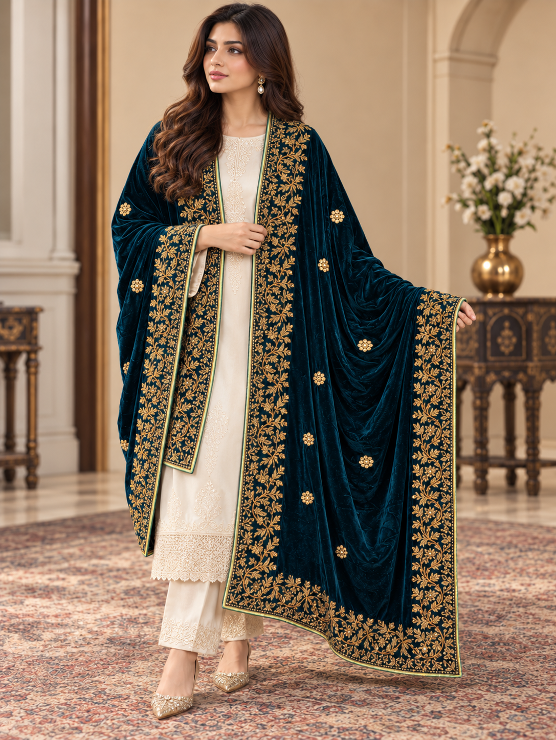 Royal Meher Royal Blue Velvet Shawl with Gold Embellished Border | Rawayat London