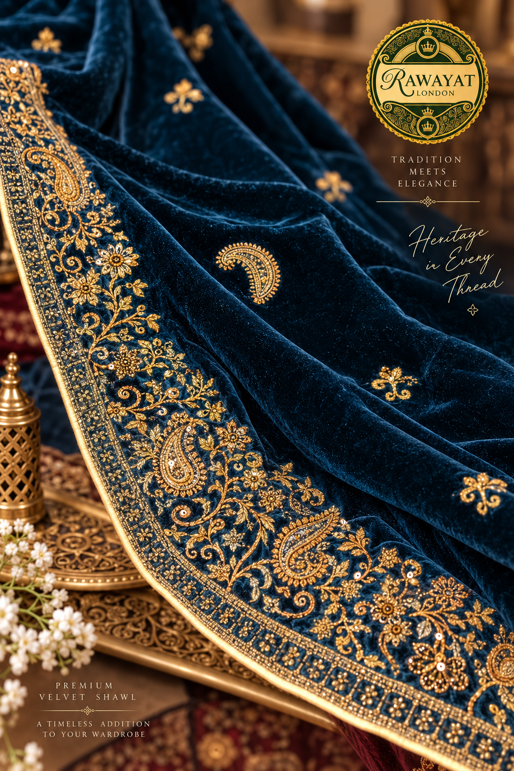 Sapphire Noor Royal Blue Velvet Shawl with Gold Embroidery | Rawayat London