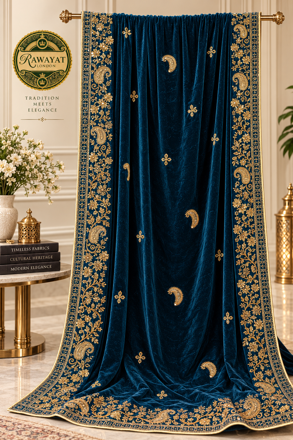 Sapphire Noor Royal Blue Velvet Shawl with Gold Embroidery | Rawayat London