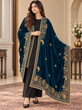 Sapphire Noor Royal Blue Velvet Shawl with Gold Embroidery | Rawayat London