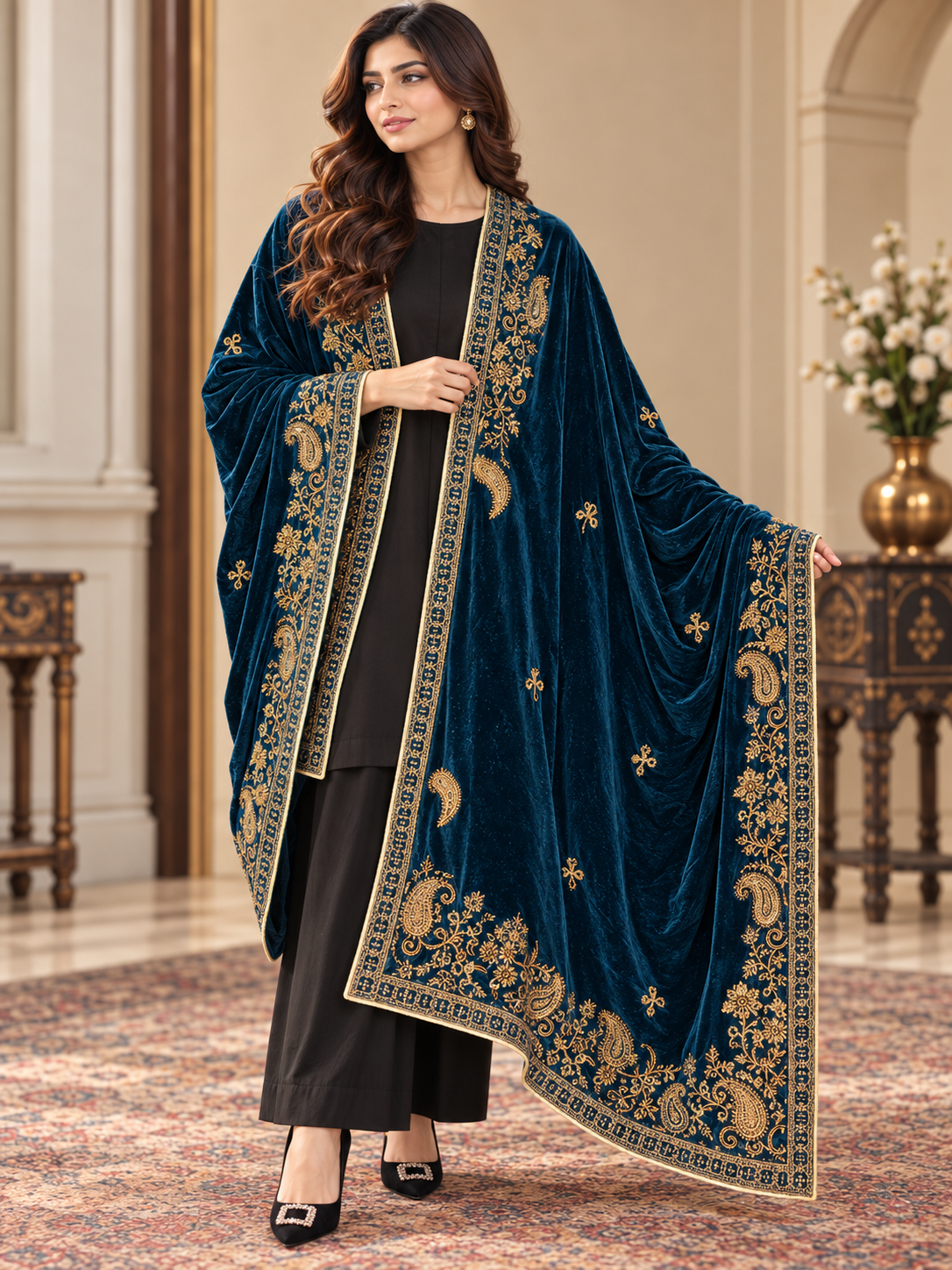 Sapphire Noor Royal Blue Velvet Shawl with Gold Embroidery | Rawayat London