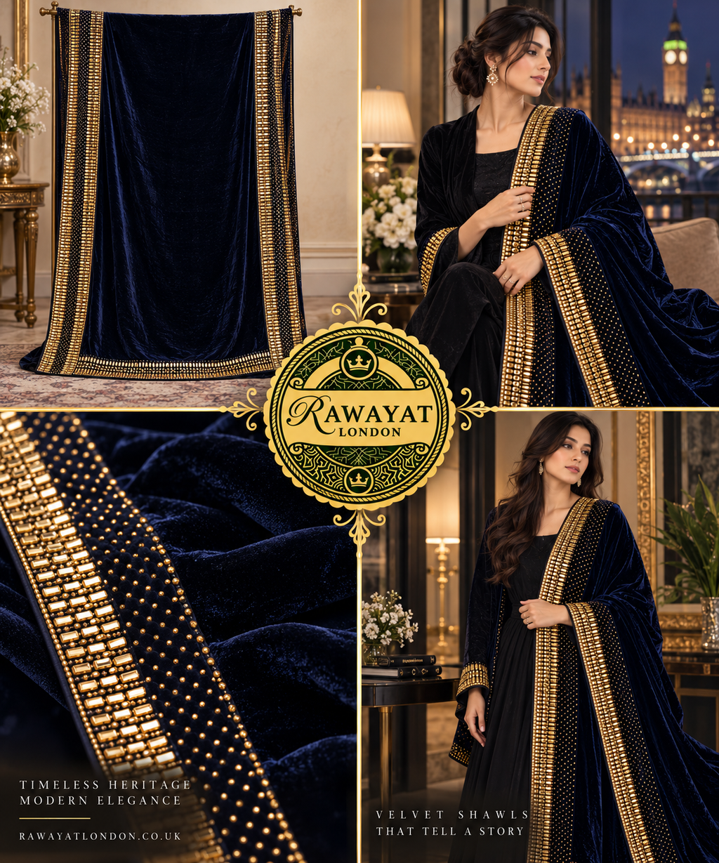Midnight Noor Navy Blue Velvet Shawl with Gold Border | Rawayat London