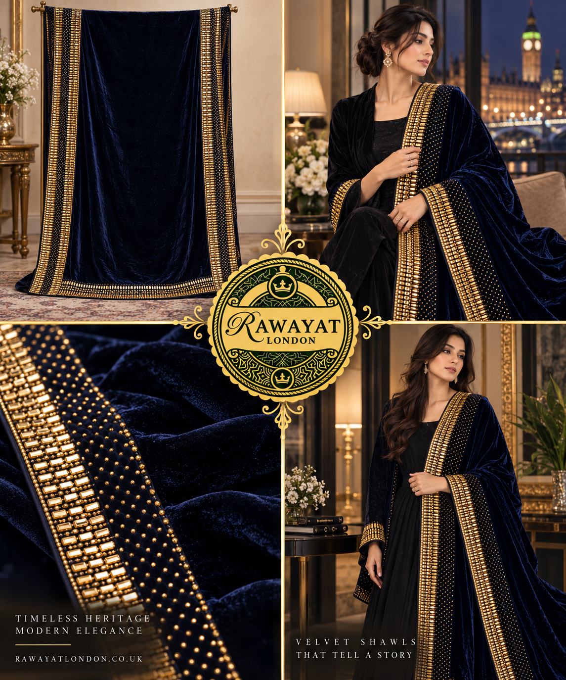 Midnight Noor Navy Blue Velvet Shawl with Gold Border | Rawayat London