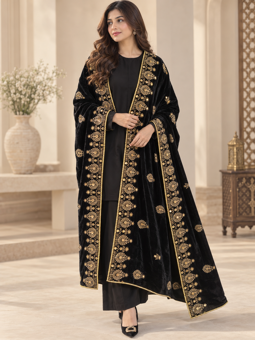 Noir Zareen Black Velvet Shawl with Gold Embroidery | Rawayat London