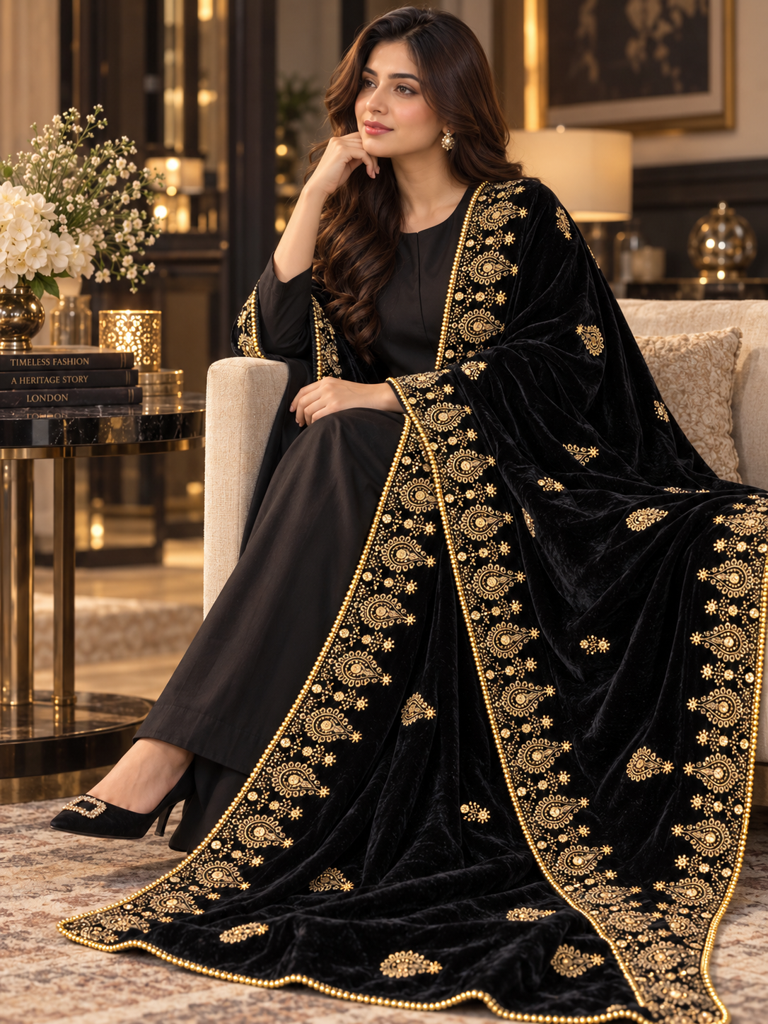 Noir Zareen Black Velvet Shawl with Gold Embroidery | Rawayat London