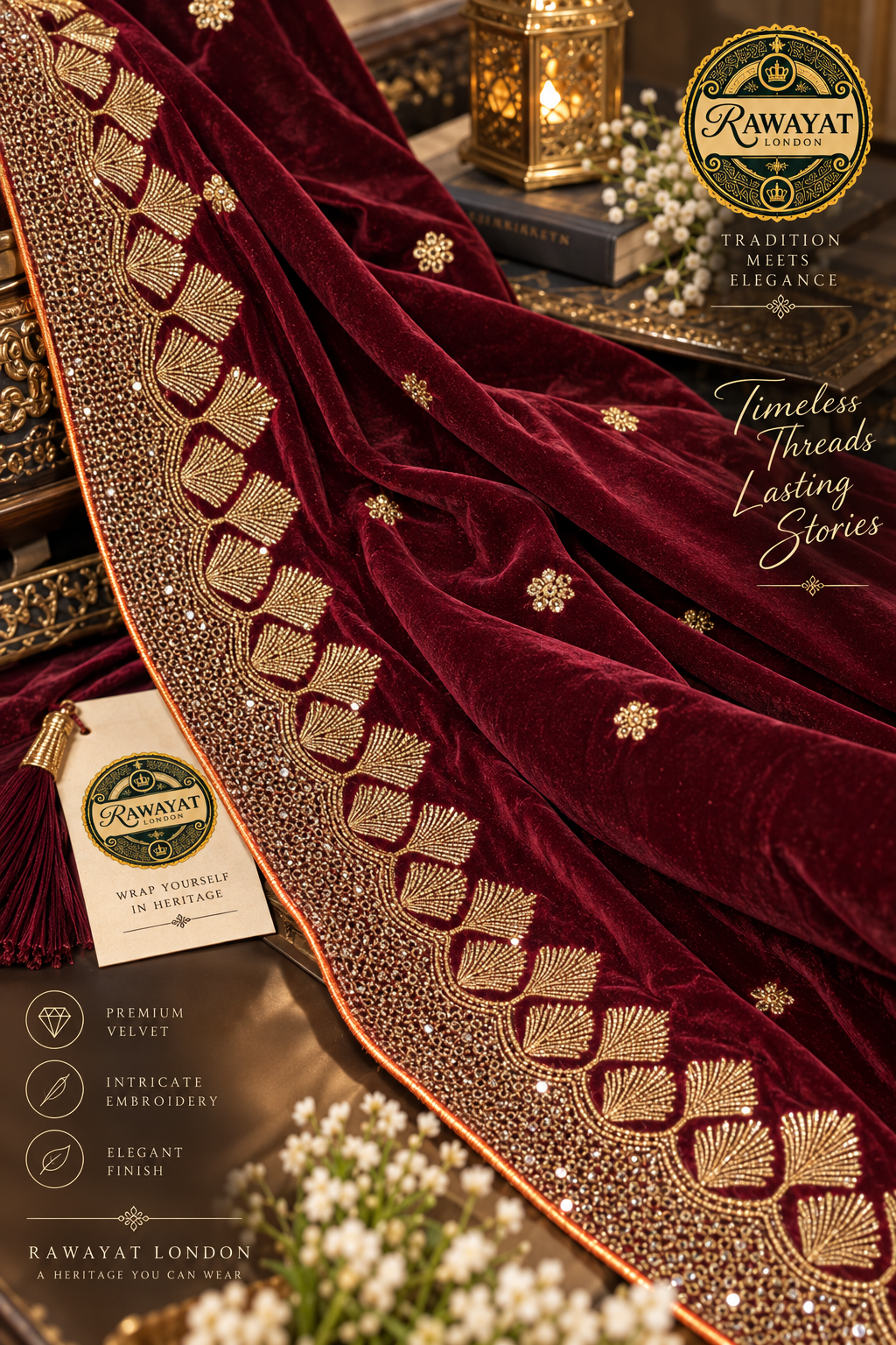 Mehrun Royale Dark Maroon Velvet Shawl with Gold Embroidery | Rawayat London