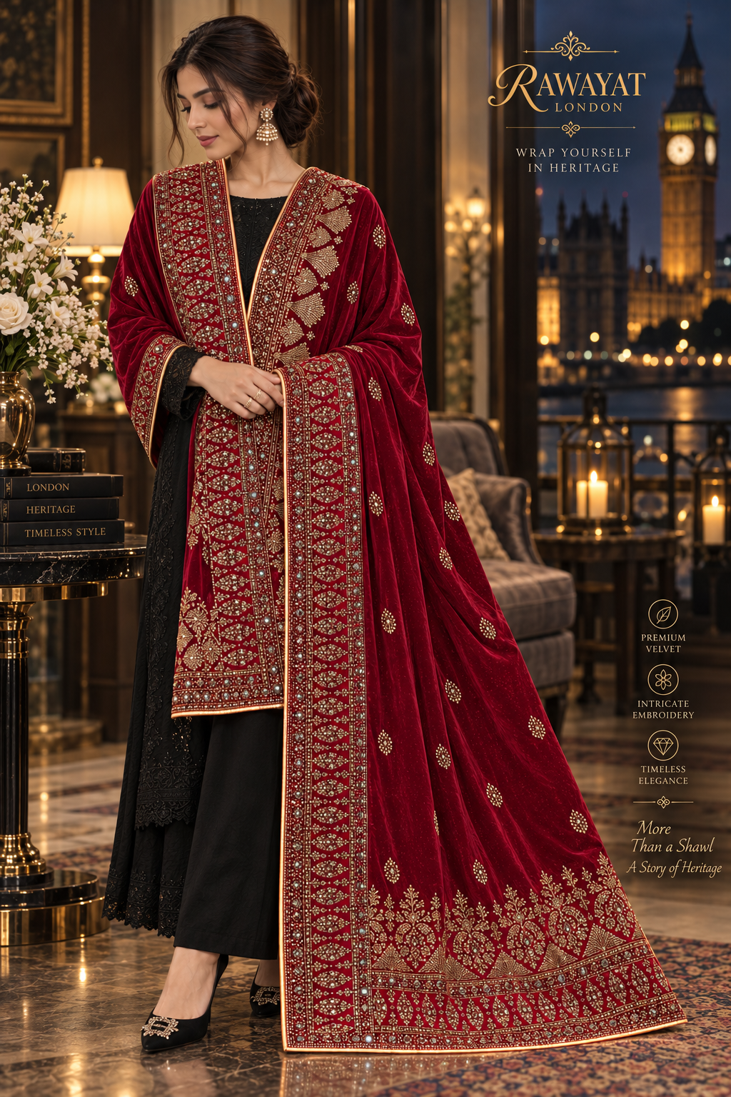 Crimson Riwaaz Red Velvet Shawl with Gold Embroidery | Rawayat London