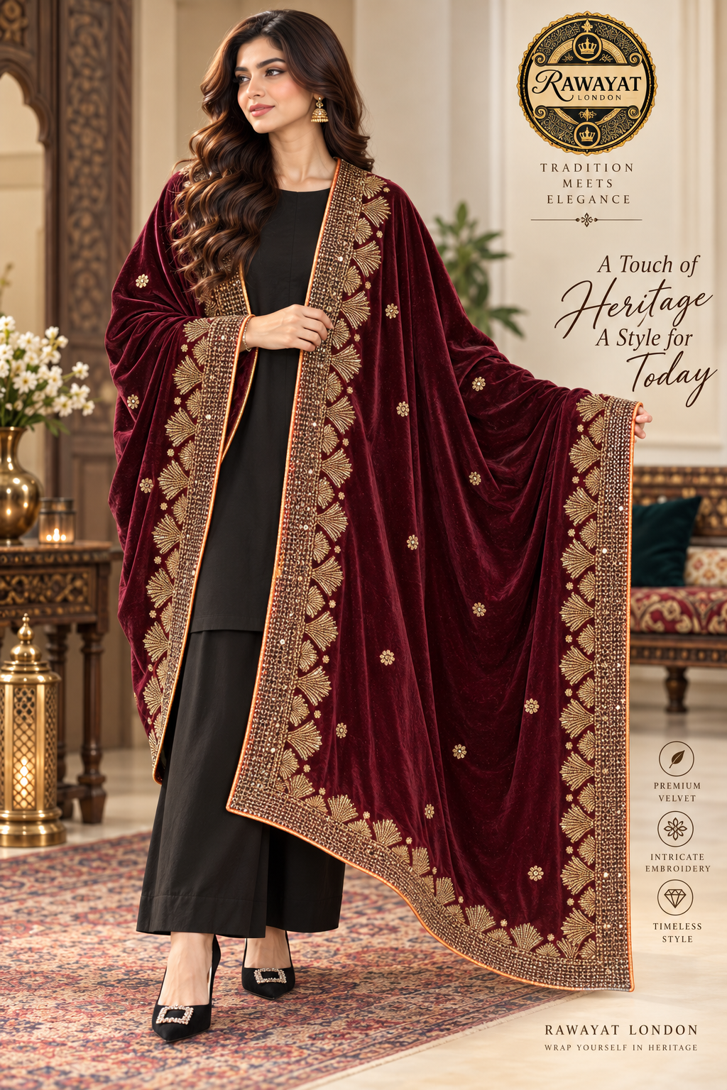 Mehrun Royale Dark Maroon Velvet Shawl with Gold Embroidery | Rawayat London