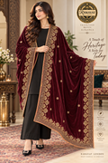Mehrun Royale Dark Maroon Velvet Shawl with Gold Embroidery | Rawayat London