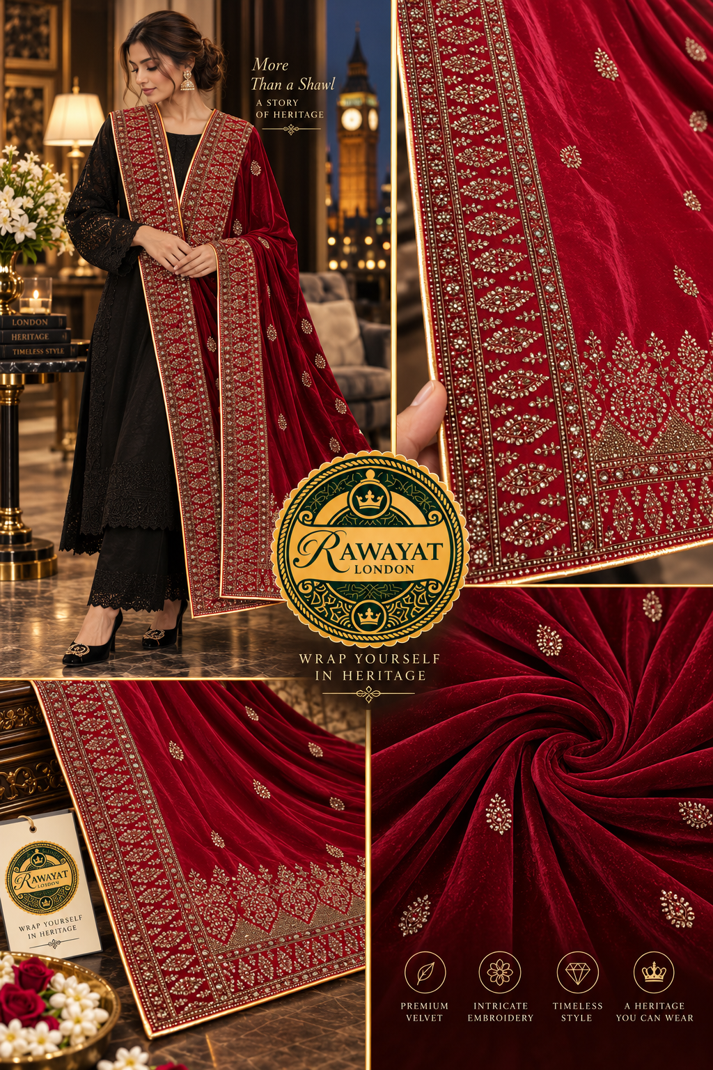 Crimson Riwaaz Red Velvet Shawl with Gold Embroidery | Rawayat London