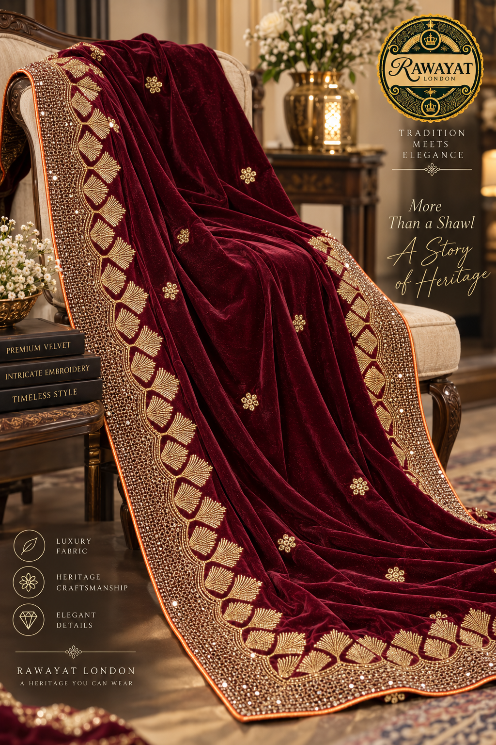 Mehrun Royale Dark Maroon Velvet Shawl with Gold Embroidery | Rawayat London