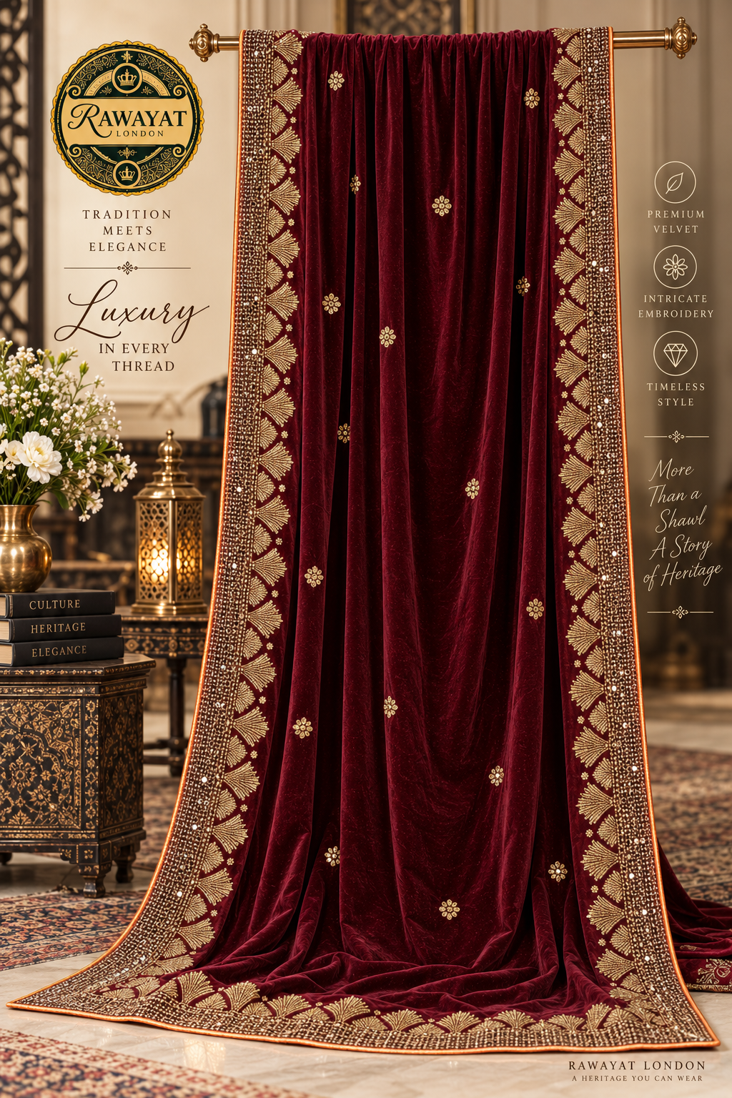 Mehrun Royale Dark Maroon Velvet Shawl with Gold Embroidery | Rawayat London