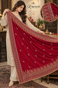 Crimson Riwaaz Red Velvet Shawl with Gold Embroidery | Rawayat London