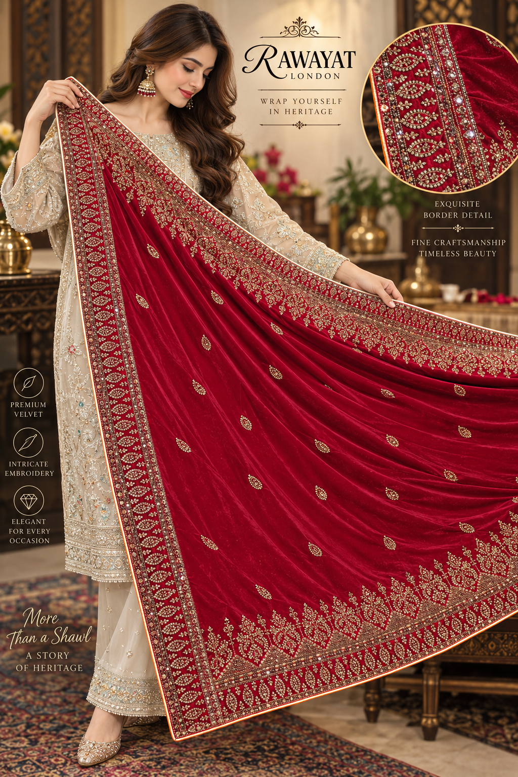 Crimson Riwaaz Red Velvet Shawl with Gold Embroidery | Rawayat London