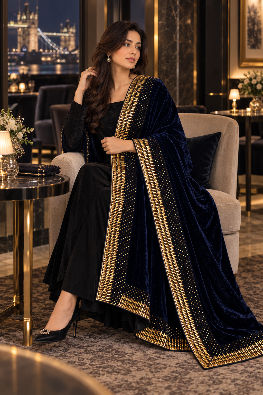 Midnight Noor Navy Blue Velvet Shawl with Gold Border | Rawayat London