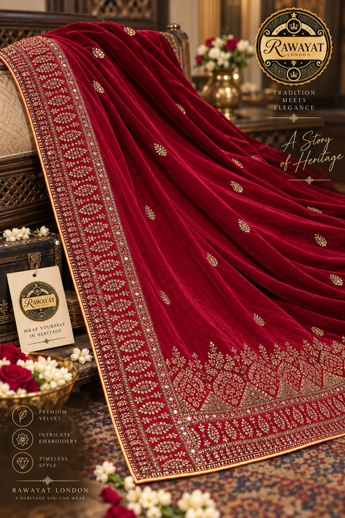 Crimson Riwaaz Red Velvet Shawl with Gold Embroidery | Rawayat London